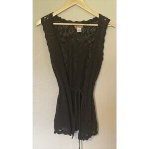 Boho Juniors Mudd Black Crocheted Knit Long Sleeveless Cardigan Size Small Tie